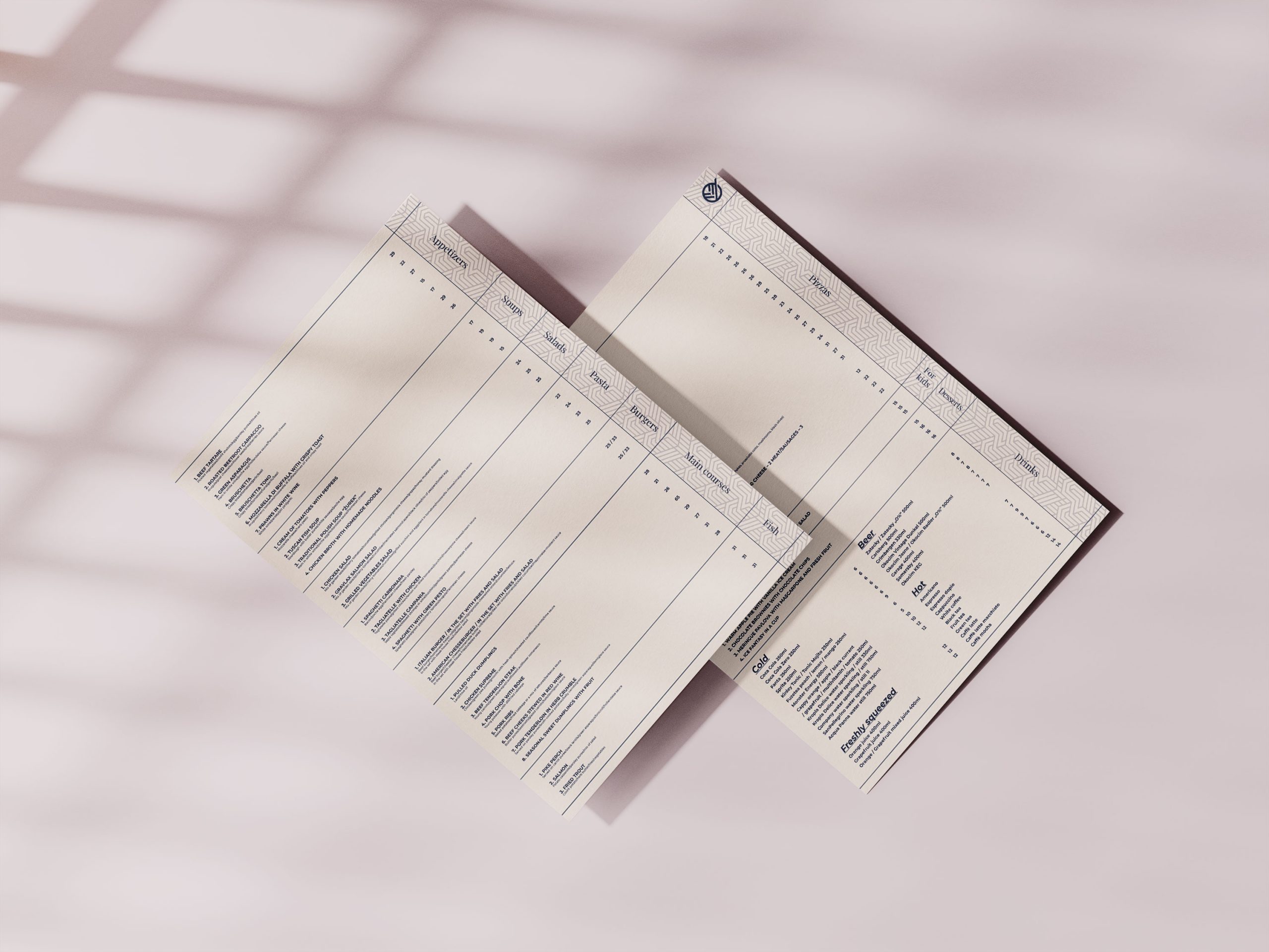 Menu dla restauracji Molto Bene